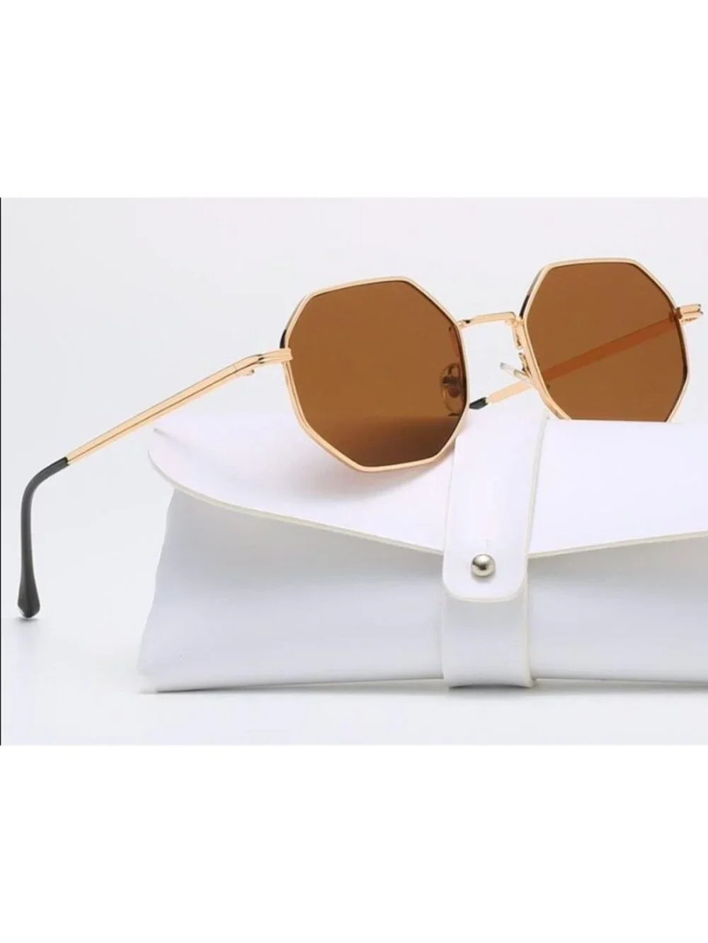 Unisex Octagonal Gold Metal Frame Gradient Brown Tea Lens Sunglasses